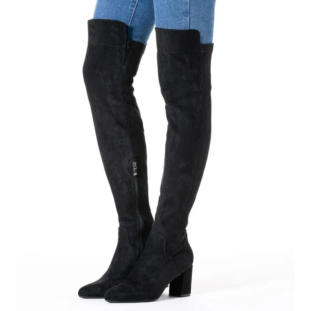 Women Black/3 Inch Heel Faux Suede Over The Knee Thigh High Low Block Heel Boot